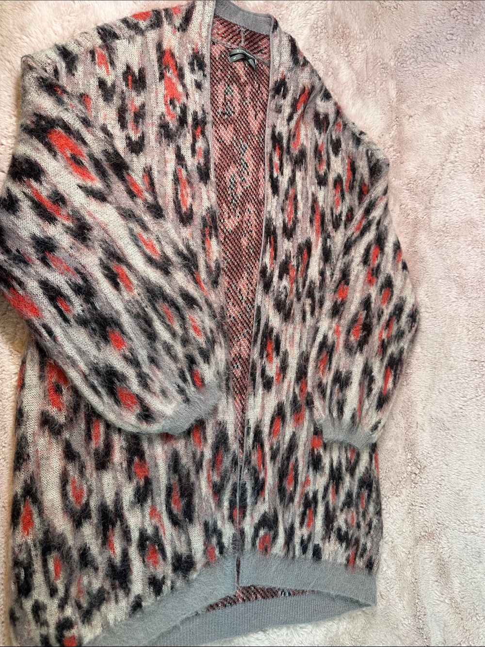 Anthropologie Fuzzy Open-Front Cardigan in Gray, Black & Red-Orange